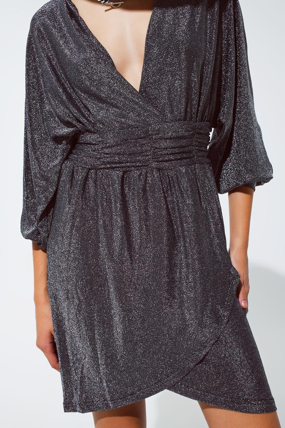 Mini length glitter dress with deep V neck in silver Q2 Dresses BoutiqueLua