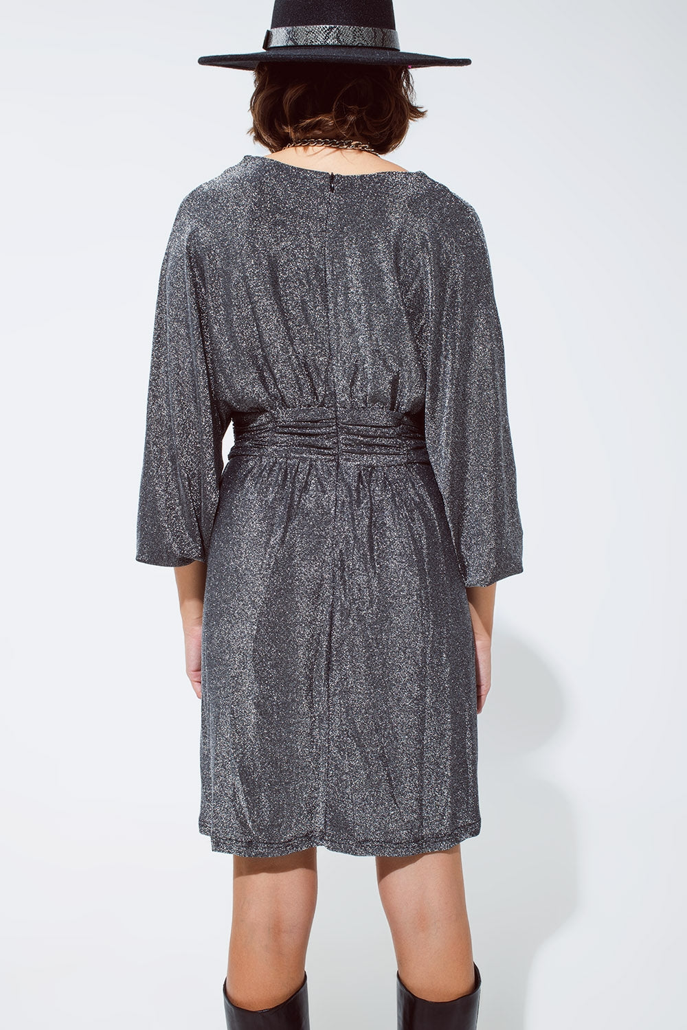 Mini length glitter dress with deep V neck in silver Q2 Dresses BoutiqueLua