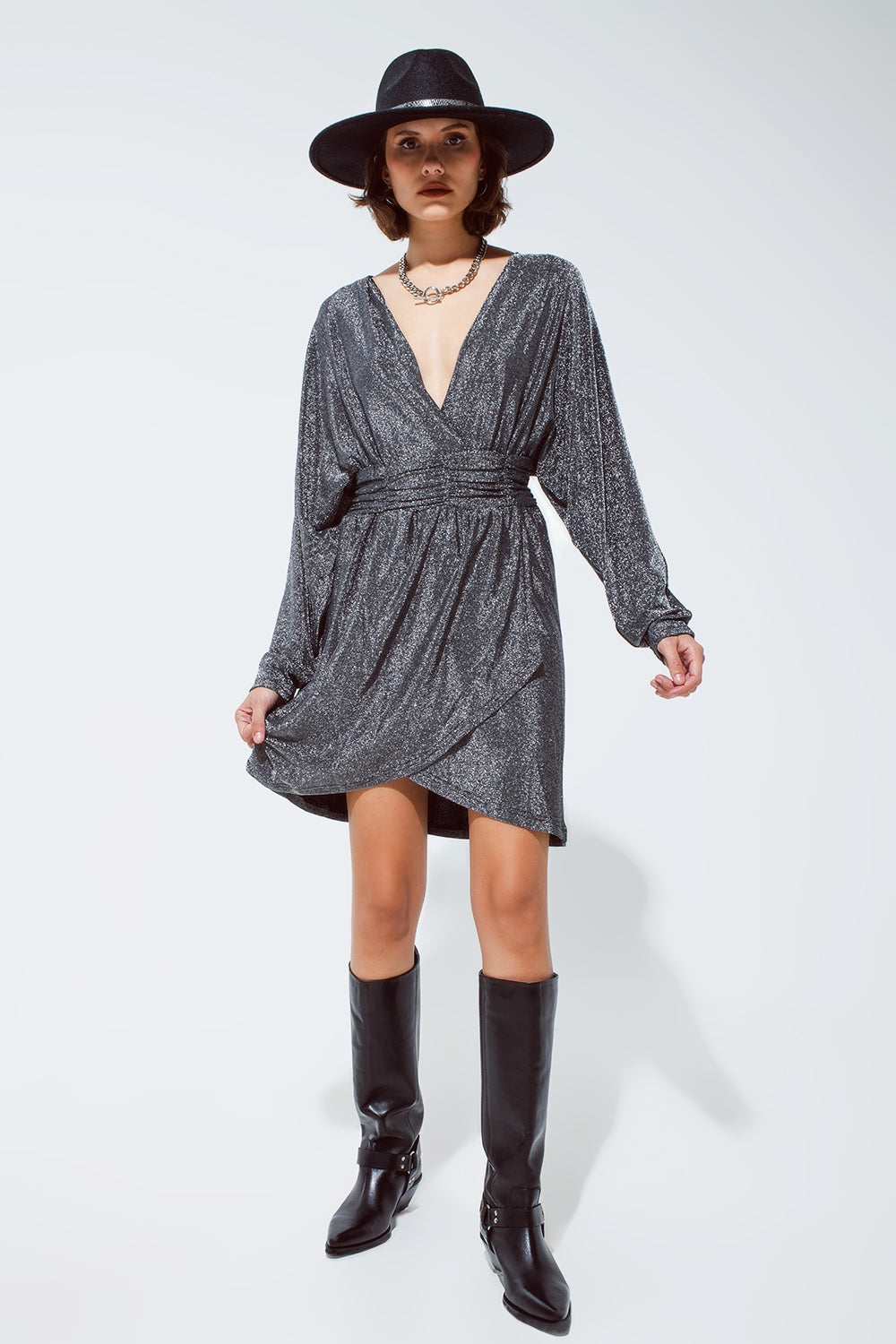 Mini length glitter dress with deep V neck in silver Q2 Dresses BoutiqueLua