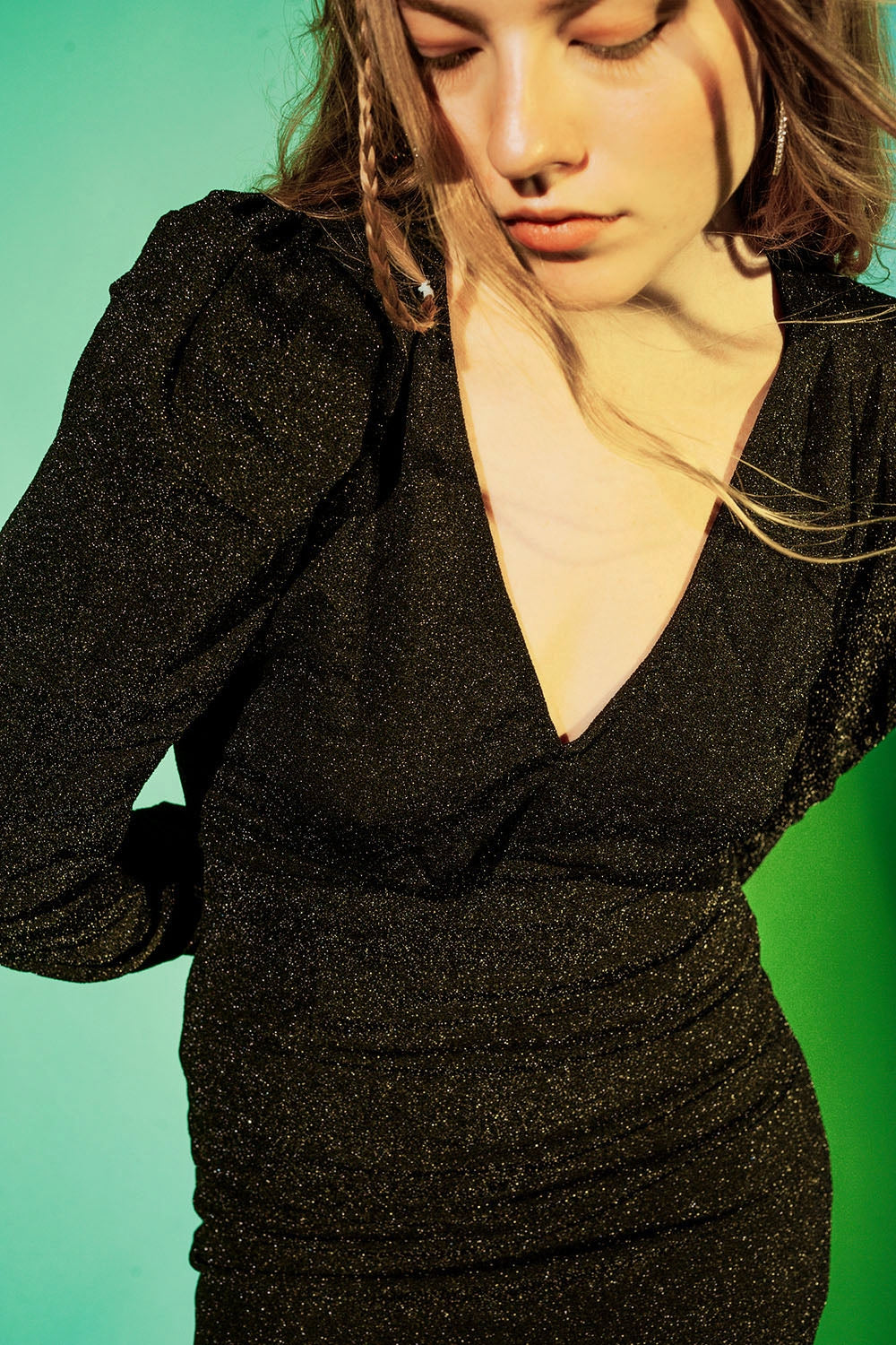 Mini v neck dress in black sparkle Q2 Dresses BoutiqueLua