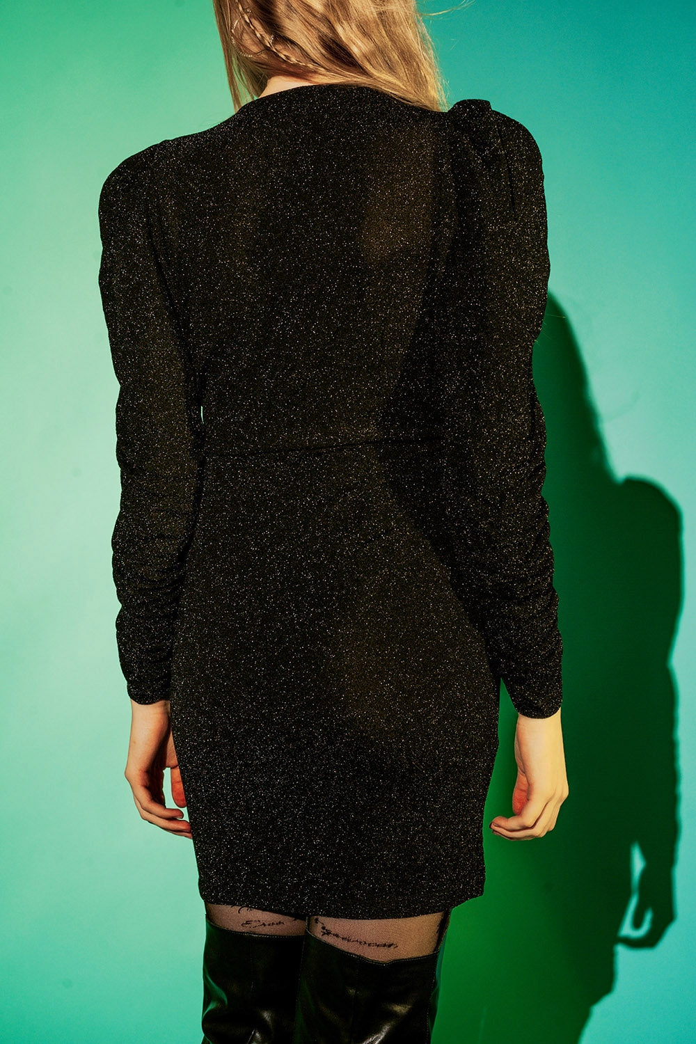 Mini v neck dress in black sparkle Q2 Dresses BoutiqueLua