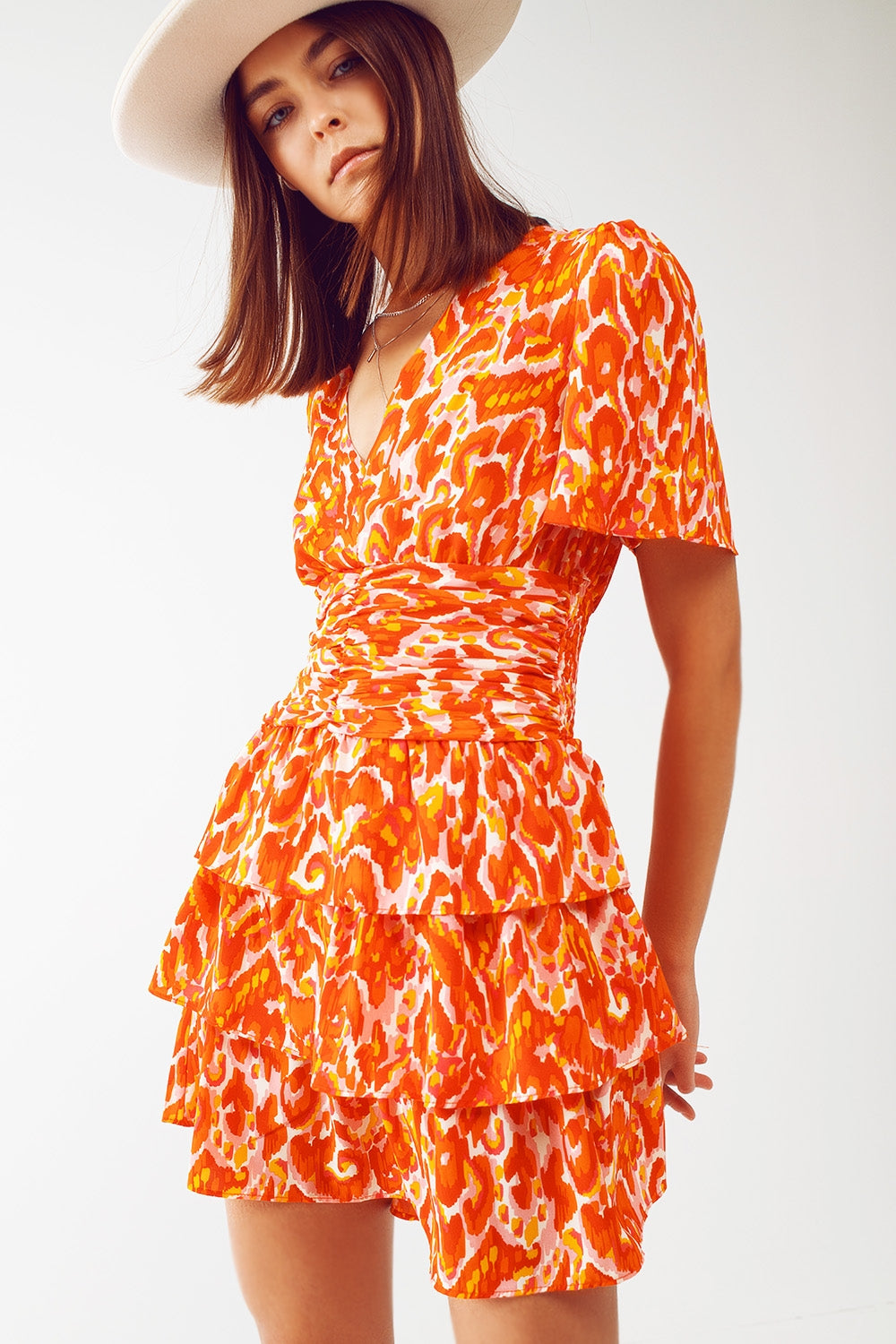 Mini V Neck Dress in Floral Orange Print Q2 Dresses BoutiqueLua