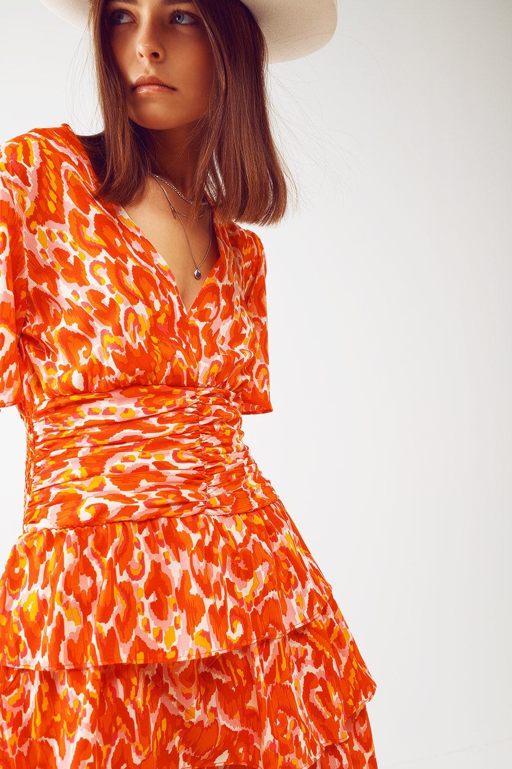 Mini V Neck Dress in Floral Orange Print Q2 Dresses BoutiqueLua