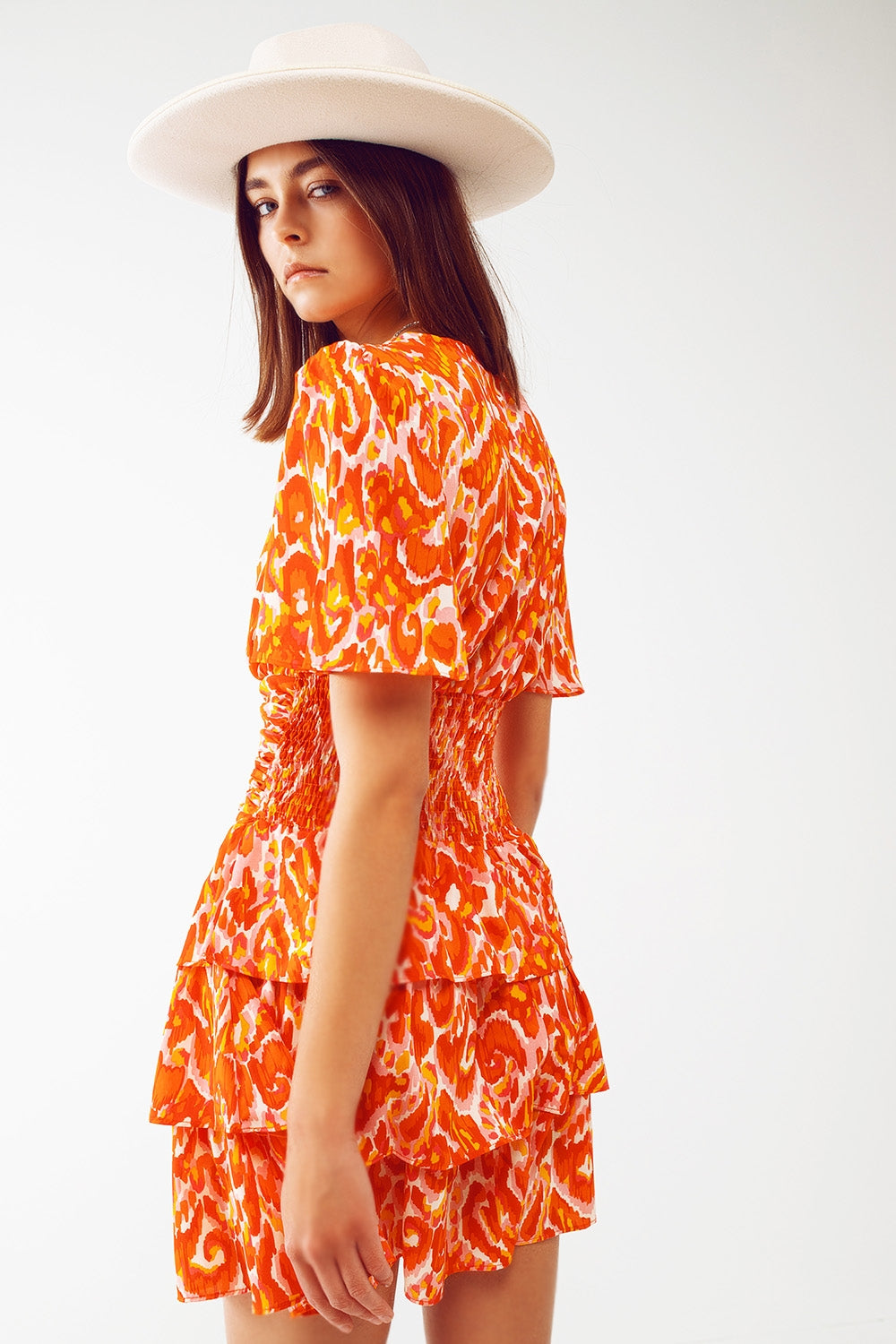 Mini V Neck Dress in Floral Orange Print Q2 Dresses BoutiqueLua
