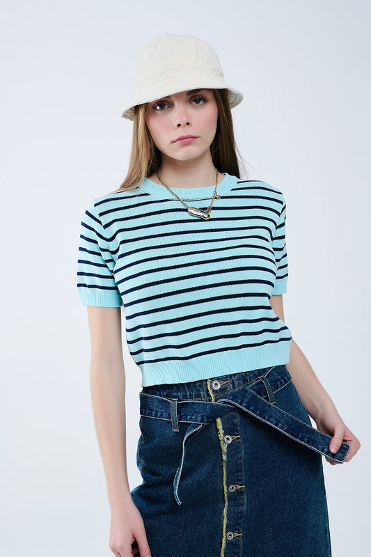 Mint Green Crop Sweater with navy Stripes - T-shirts