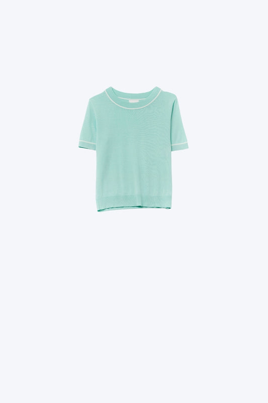 Mint Green Short Sleeve Knit Top with White Contrast Trims - Sweaters