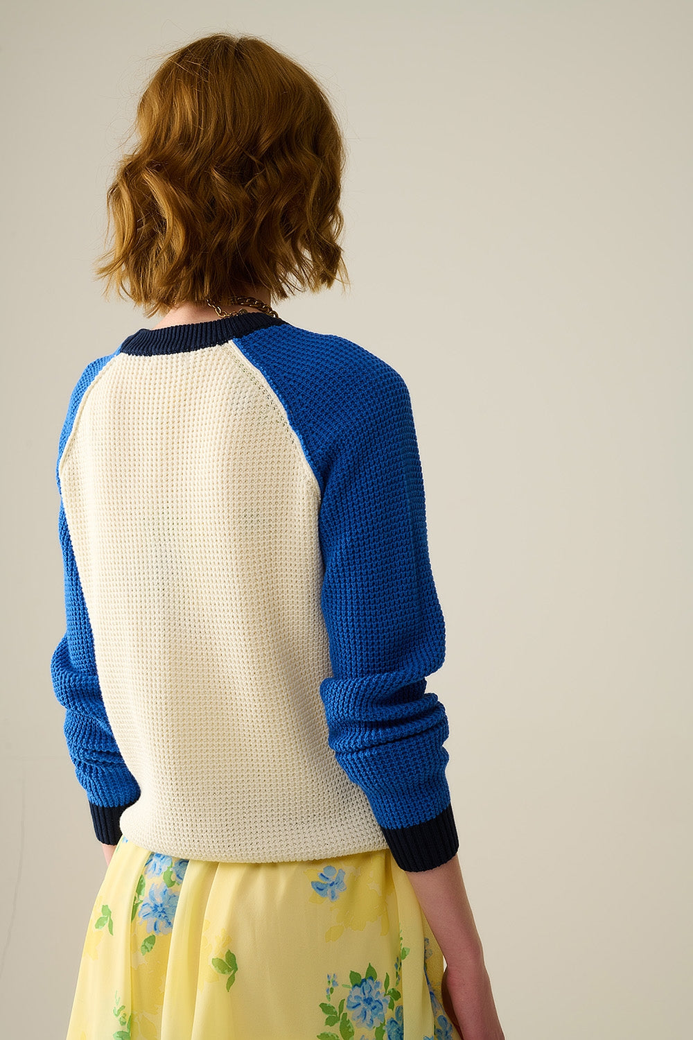 moss stitch knitted sweater with contrasting sleeves in blue