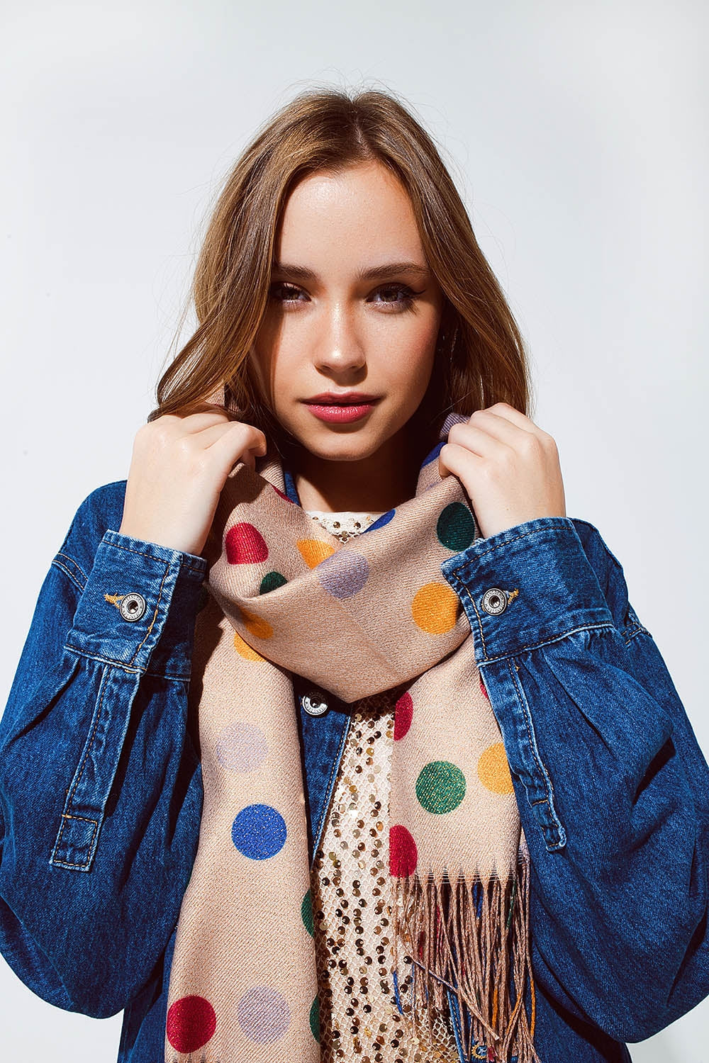 Multicolored Polka Dot soft Scarf in Beige - Necklaces