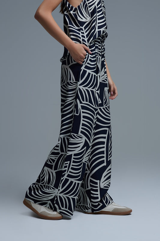 Navy and White Wide Leg Trousers with White Leaf Print - Pants