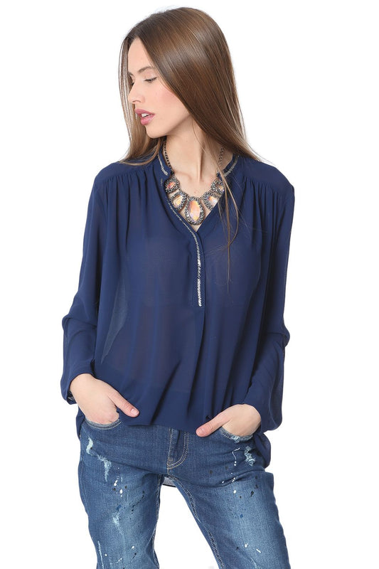 Navy blue chiffon blouse with silver-tone bead embellishment - Blouses