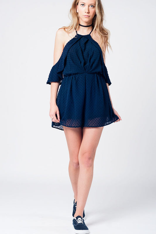 Navy plumeti cold-shoulder lightweight romper - Dresses