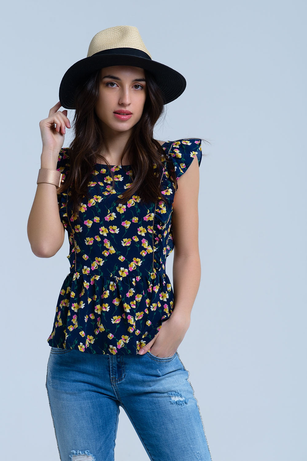 Navy crossed back shirt with ruffles Q2 Shirts BoutiqueLua