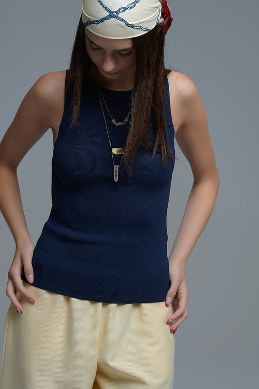 Navy Ribbed fine knit Sleeveless Top - Tops