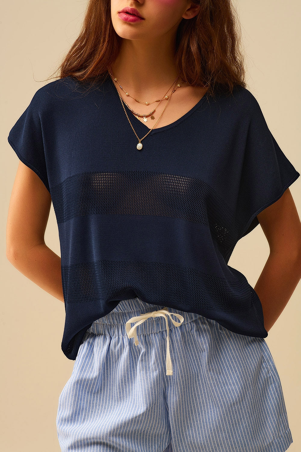 Navy Striped Texture Knit sweater - Sweaters