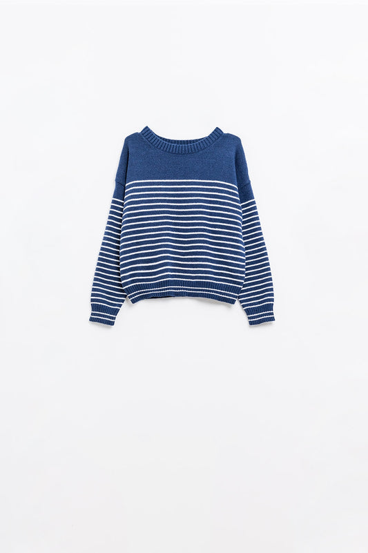 navy sweater with white stripes and boat neck - Sweaters