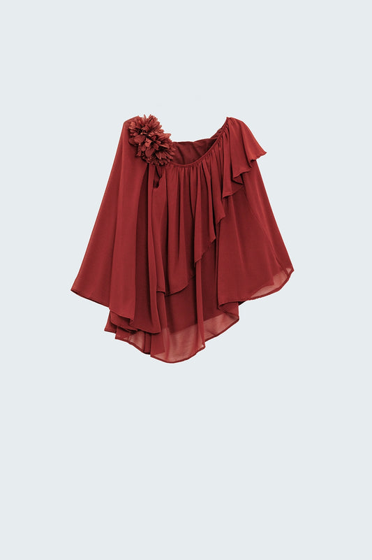 Off The Shoulder Brown Tunic With Flower On Shoulder - Tops