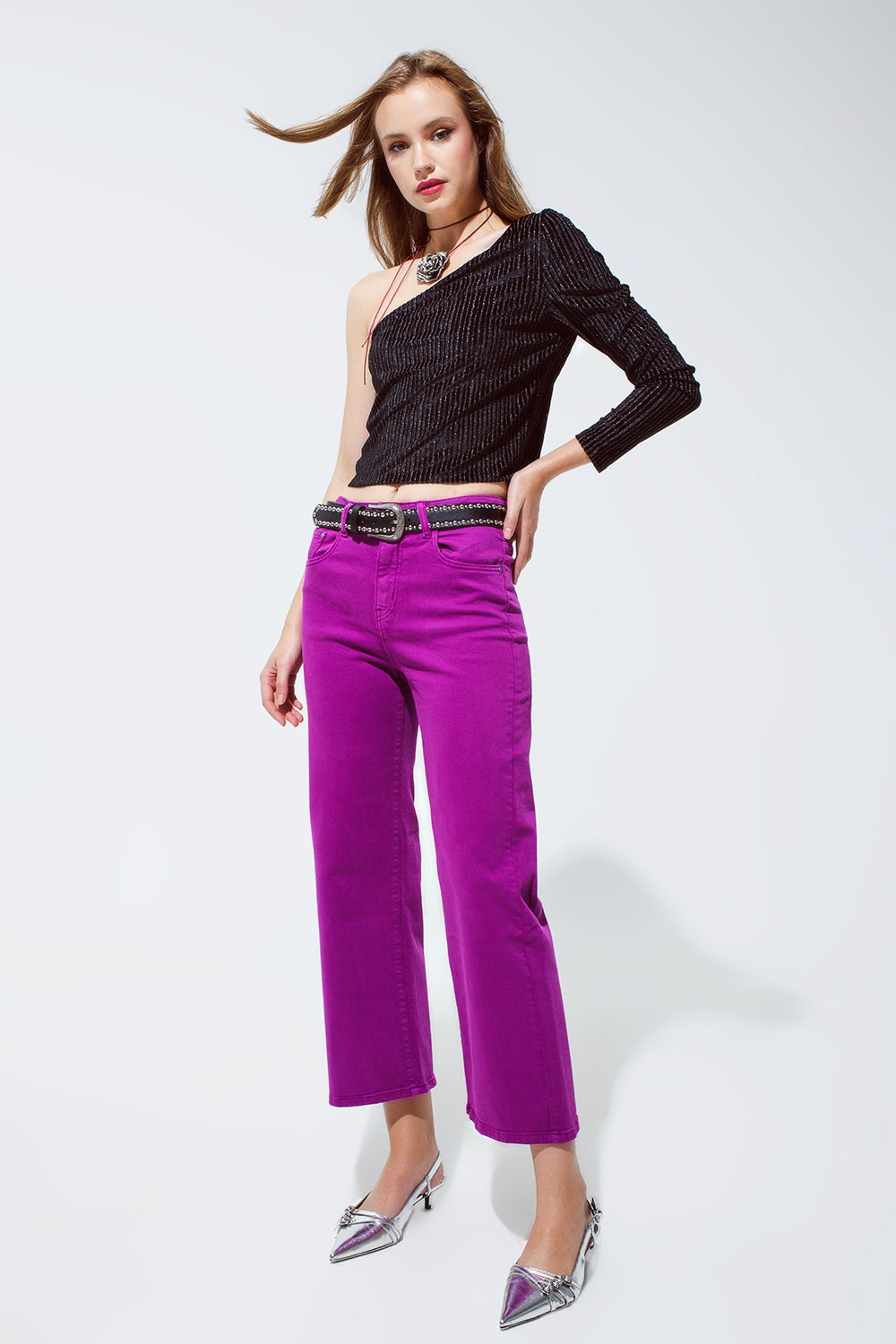 One Sleeve Glitter Party Top in Black Q2 Tops BoutiqueLua