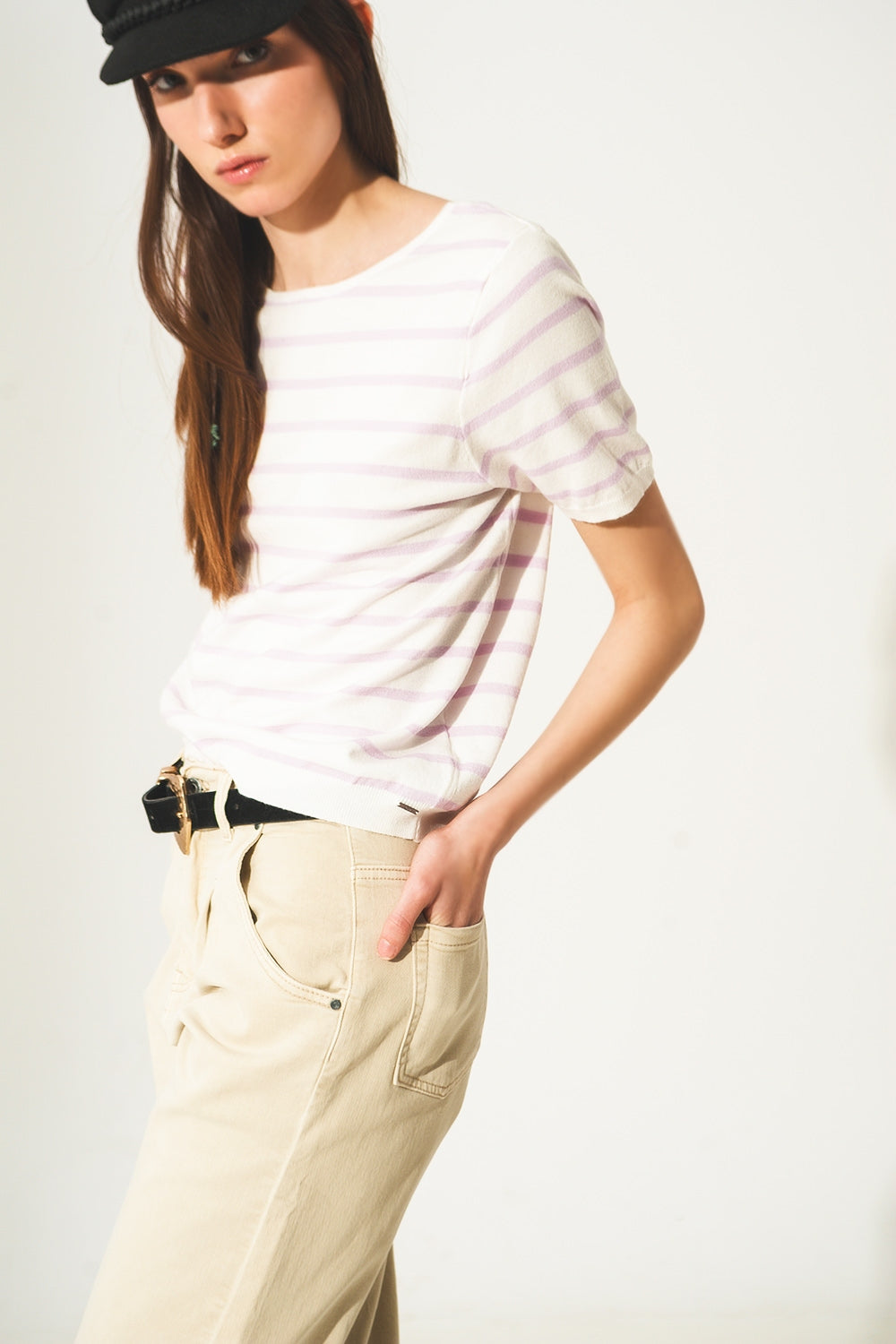 Open back lace up stripes jumper in lilac Q2 Sweaters BoutiqueLua