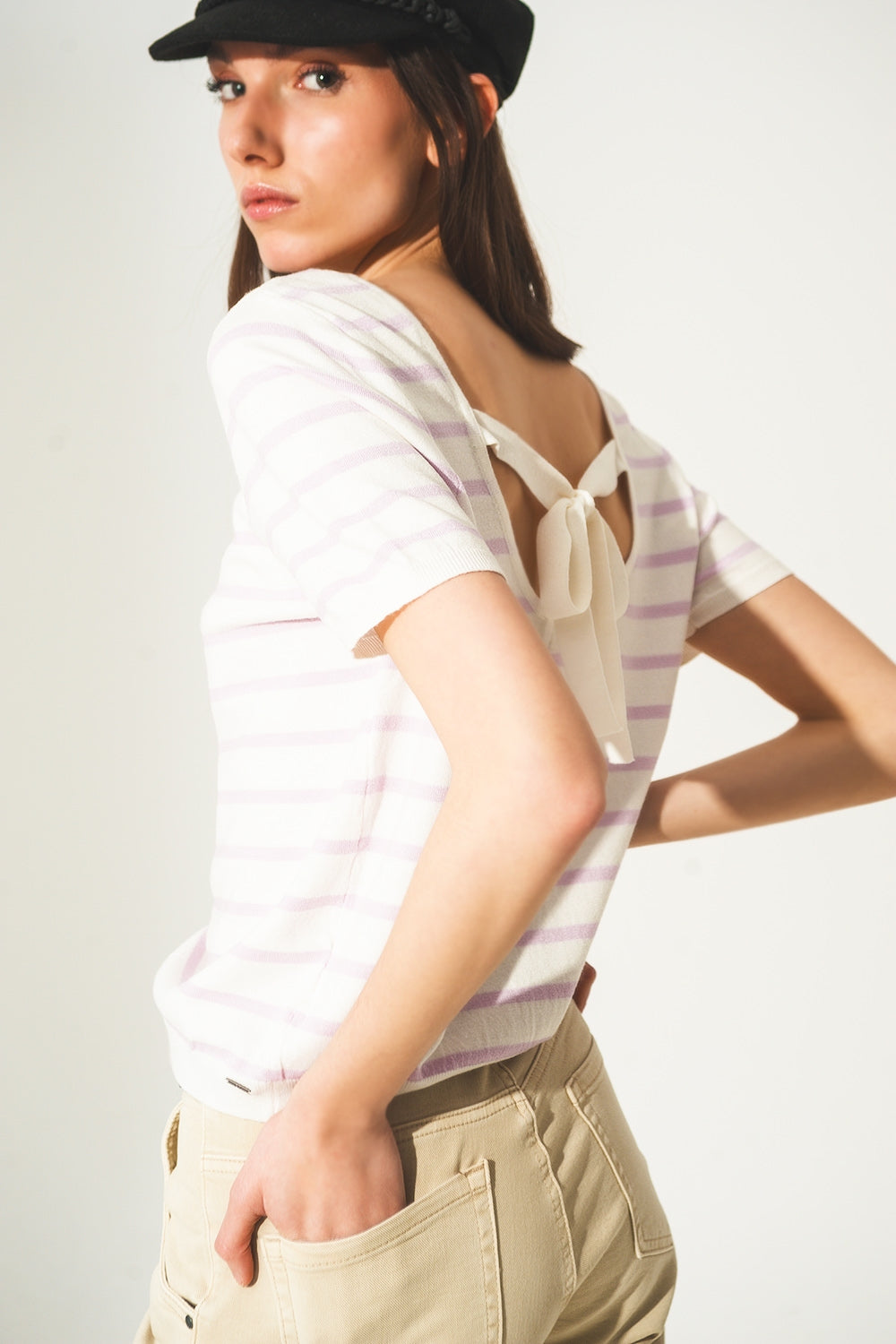 Open back lace up stripes jumper in lilac Q2 Sweaters BoutiqueLua
