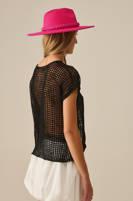 Open Knit Crochet dropped Sleeved Top in black - Jumpers