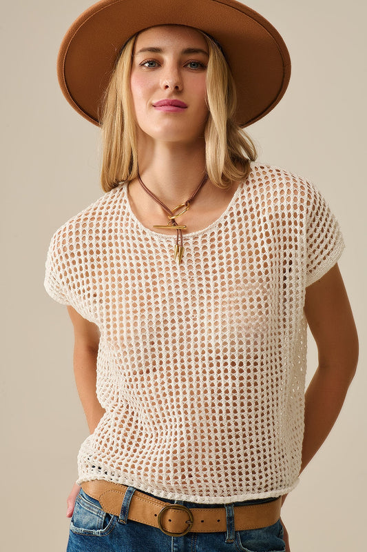 Open Knit Crochet dropped Sleeved Top in white - Jumpers
