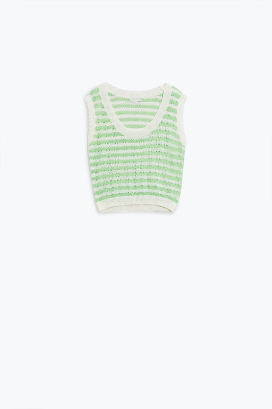 Q2 Open Knit Cropped Striped Sleeveless sweater in Green and White