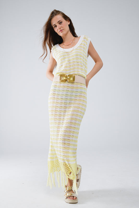 Open Knit Cropped Striped Sleeveless sweater in Yellow and White - Jumpers