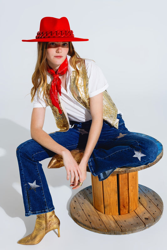 Open Vest With Embroidered Stars in Gold - Vests
