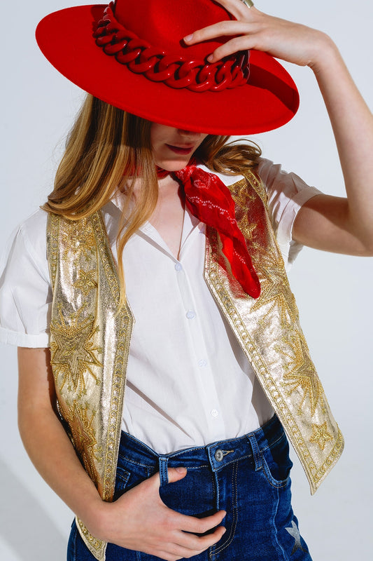 Open Vest With Embroidered Stars in Gold - Vests