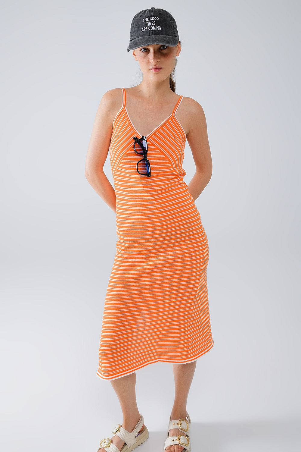 Orange Midi Dress With Stripes And Spaghetti Straps Q2 Dresses BoutiqueLua