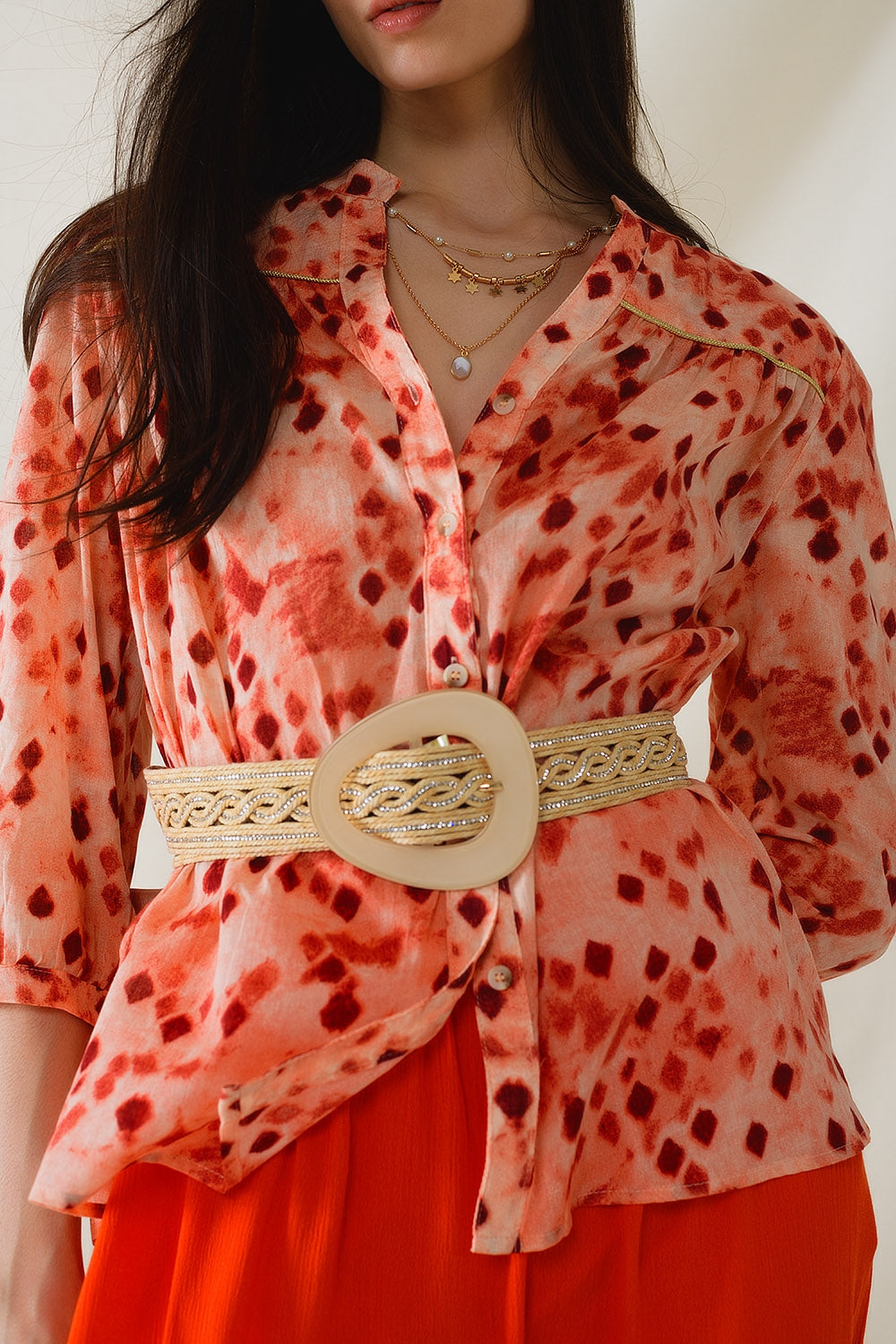 Orange Shirt With Abstract Print And 3/4 Length Sleeves - Shirts