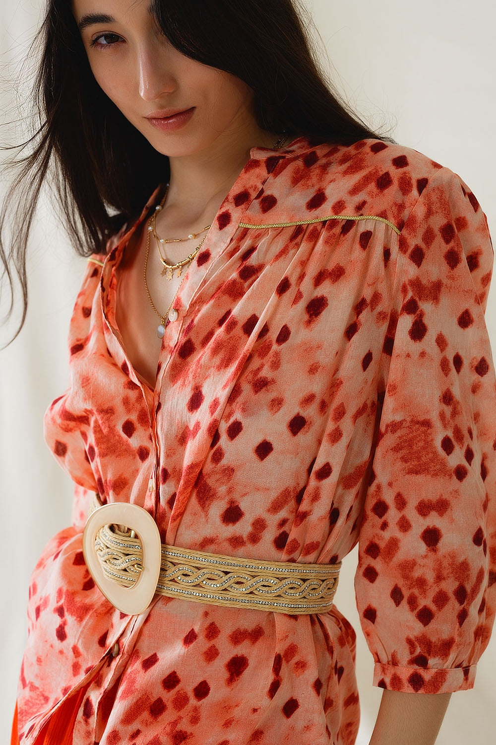 Orange Shirt With Abstract Print And 3/4 Length Sleeves - Shirts