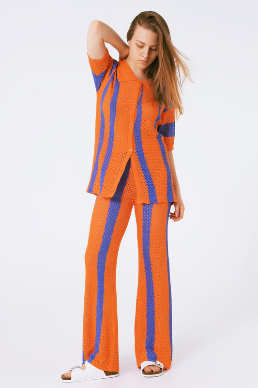 Orange Striped Crochet Knitted Cardigan - Cardigans