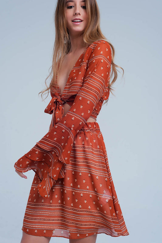 Orange Tie Front Mixed Print Crop Top - Crop Tops