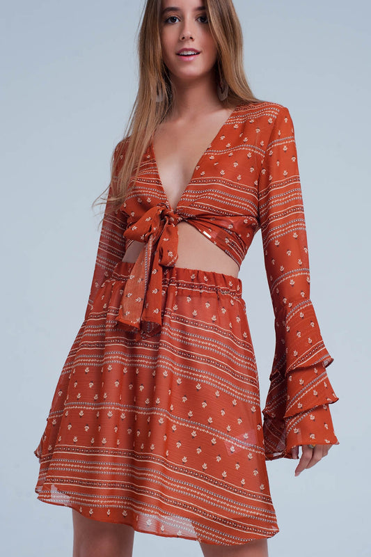 Orange Tie Front Mixed Print Crop Top - Crop Tops