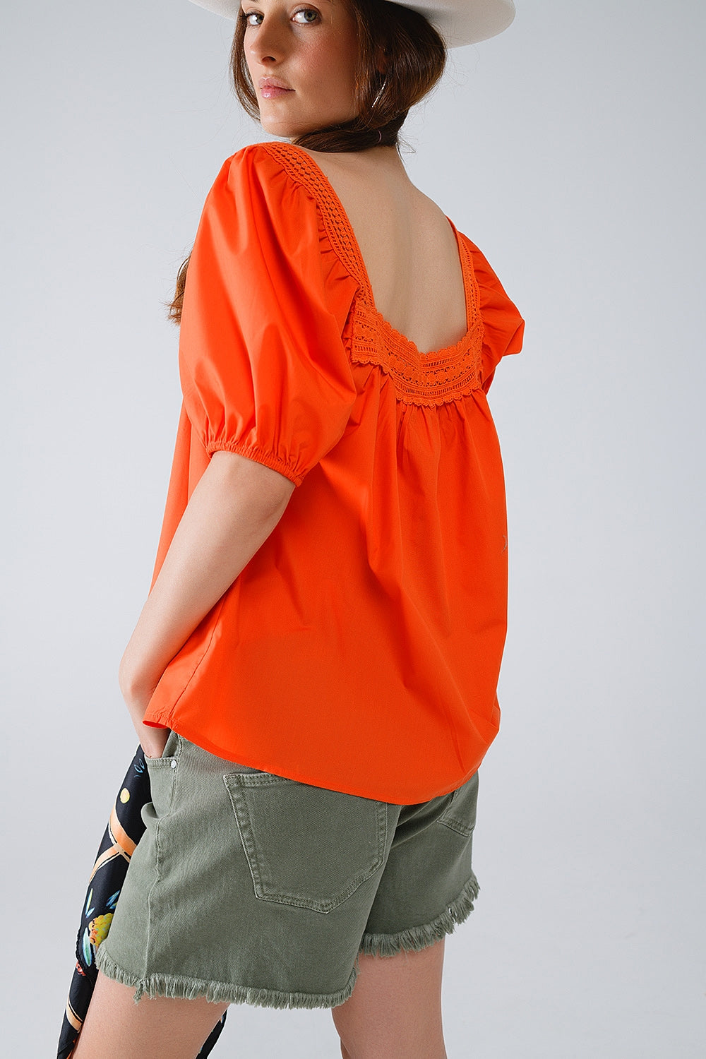 Orange Top With Square Neckline And Short Sleeves - Tops