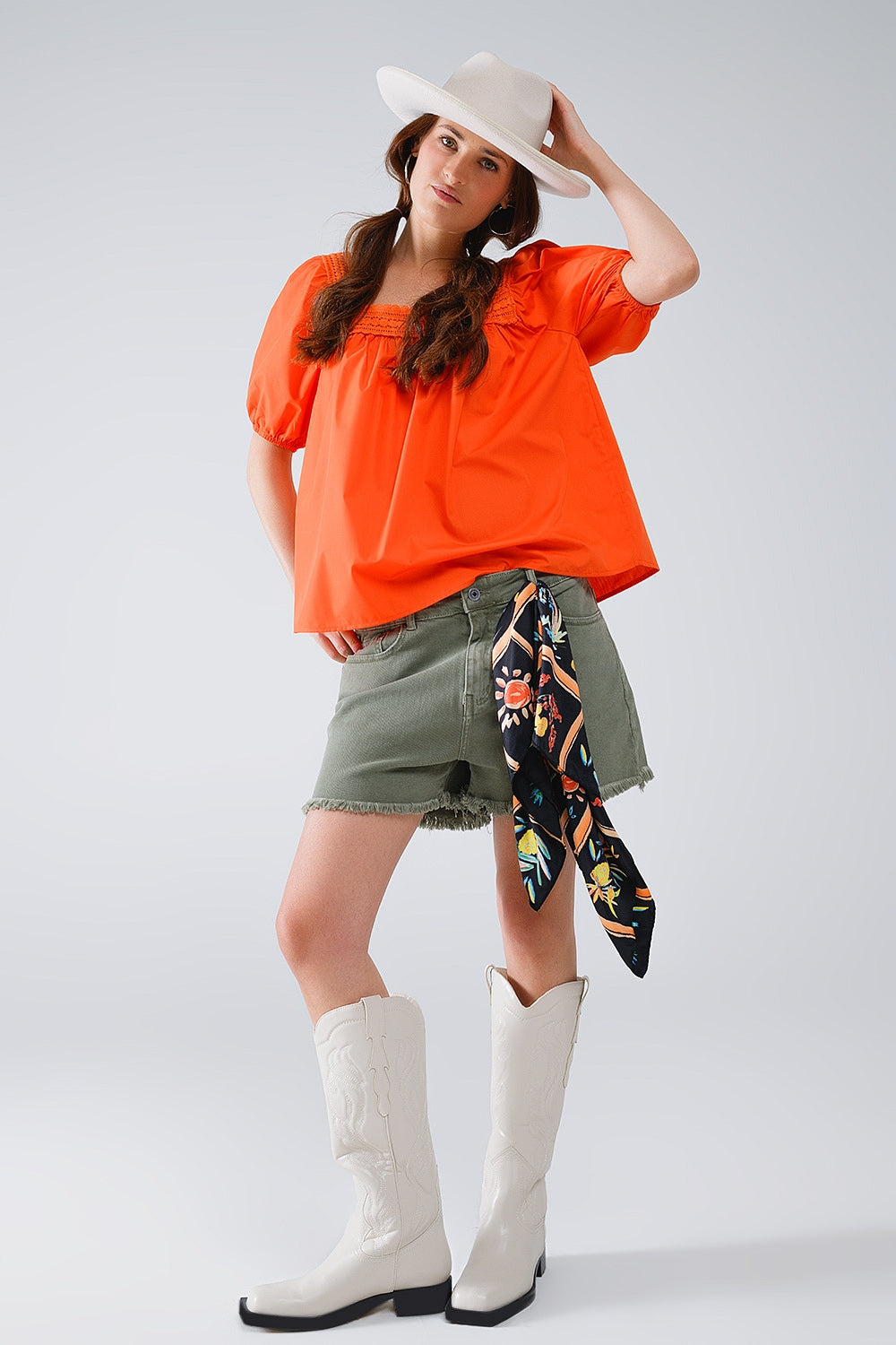 Orange Top With Square Neckline And Short Sleeves - Tops