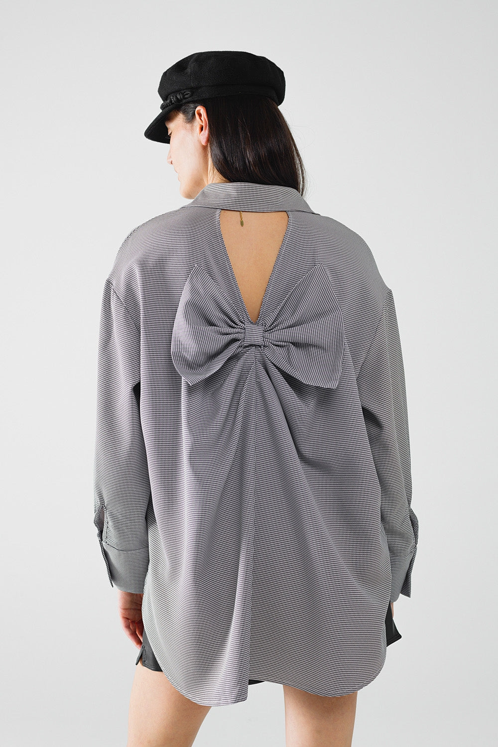 Oversize Gingham Shirt With Bow Detail in Black and White - Polos