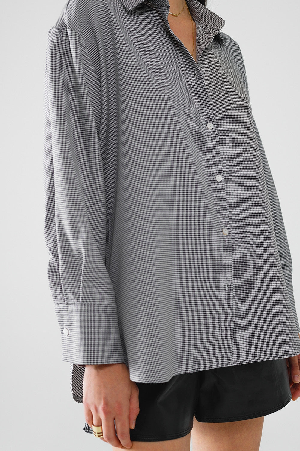 Oversize Gingham Shirt With Bow Detail in Black and White - Polos