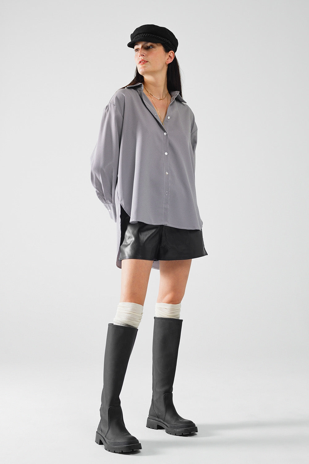 Oversize Gingham Shirt With Bow Detail in Black and White - Polos