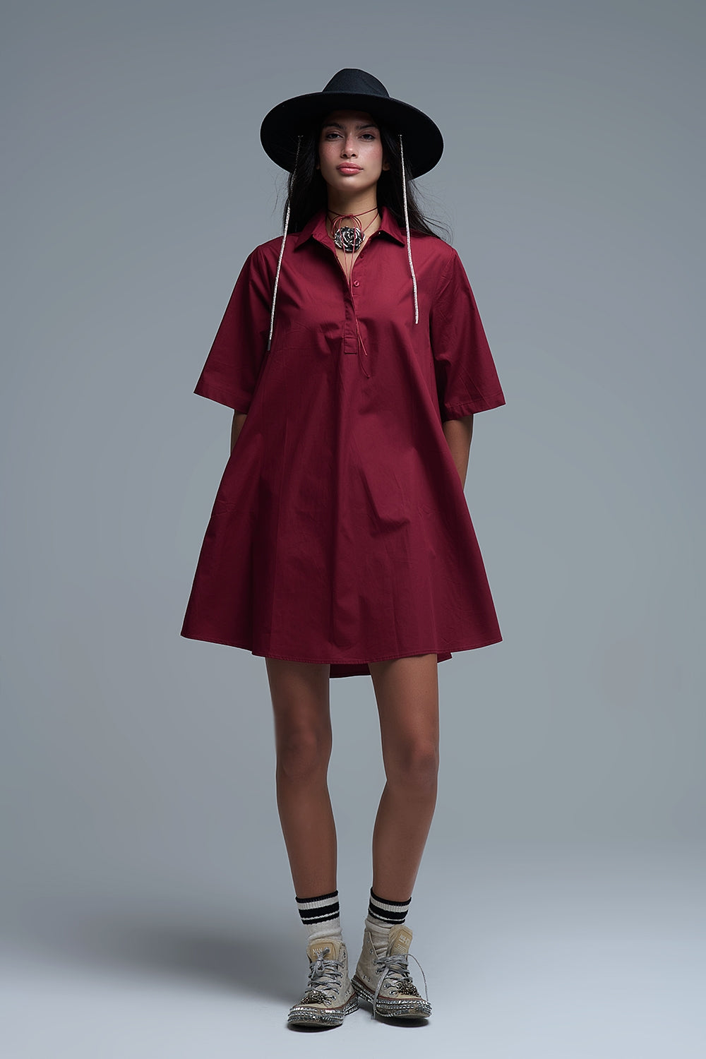 Oversized 3/4 Sleeve Poplin Dress Burgundy - Dresses