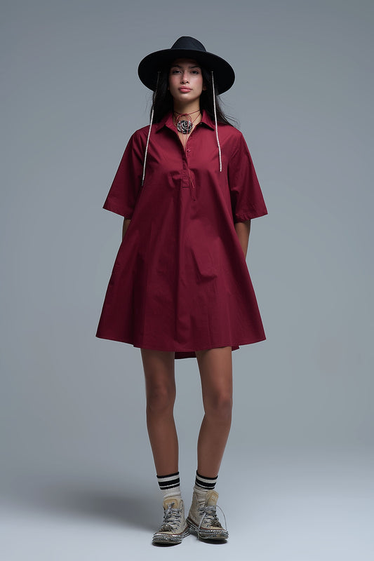 Oversized 3/4 Sleeve Poplin Dress Burgundy - Dresses