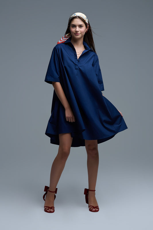 Oversized 3/4 Sleeve Poplin Dress in Navy - Dresses