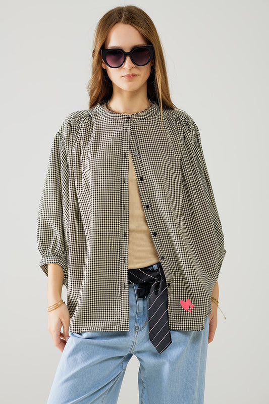 Oversized Black and creme Gingham Blouse Heart Detail - Shirts