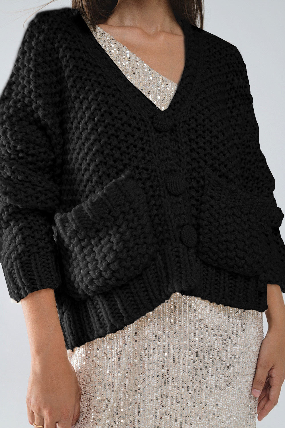 Veste oversize en grosse maille noire avec poches