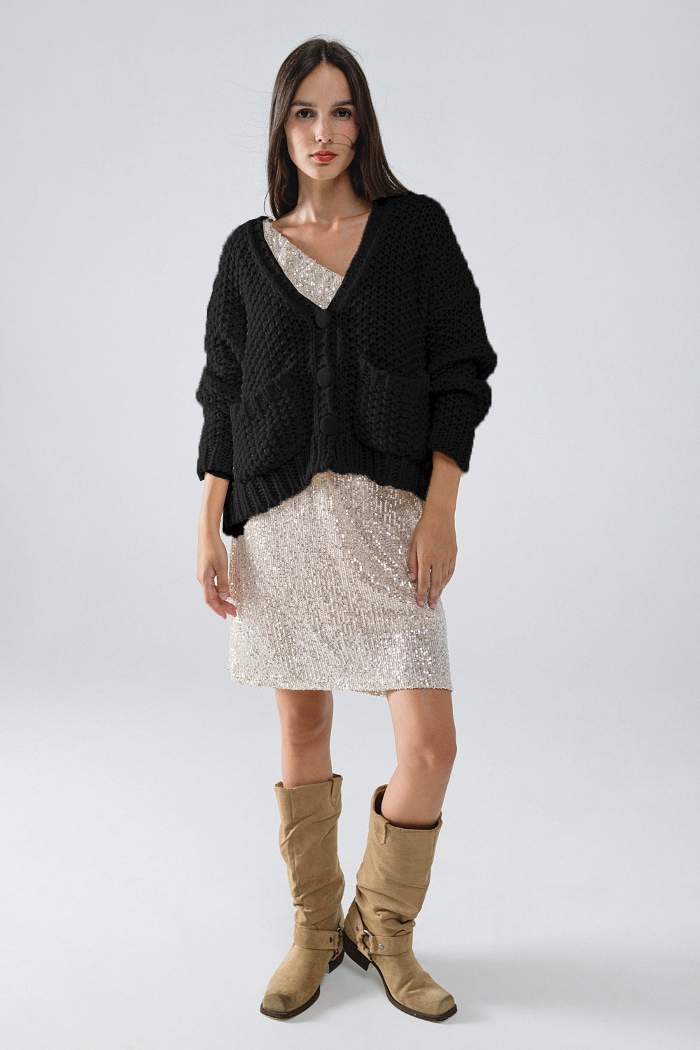 Veste oversize en grosse maille noire avec poches