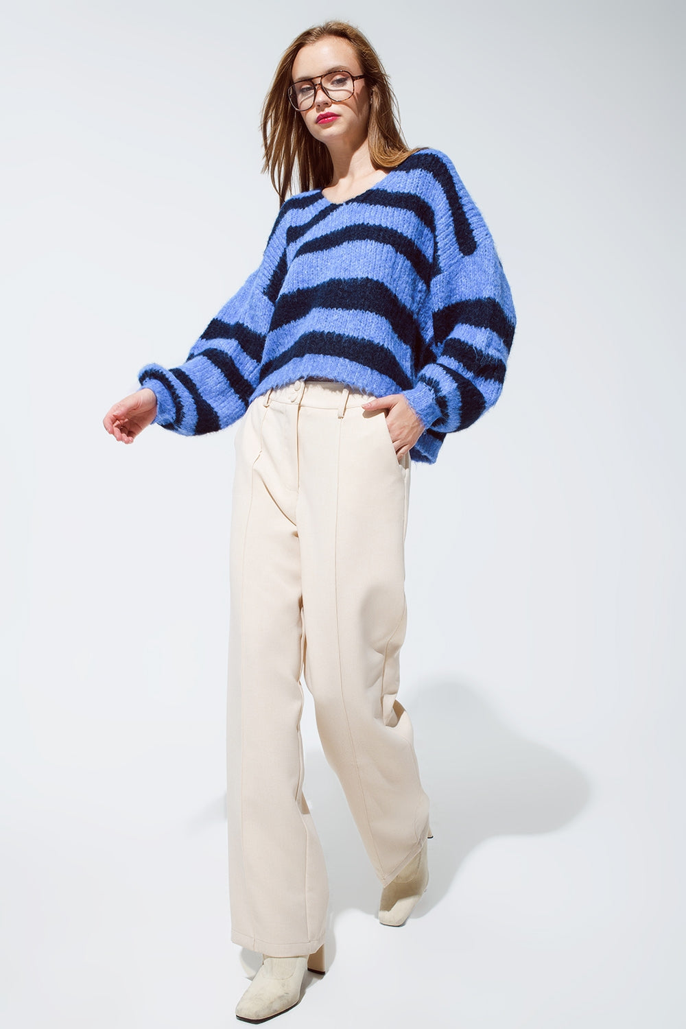 Oversized Blue Stripy Fluffy Sweater With Balloon Sleeves Q2 Sweaters BoutiqueLua