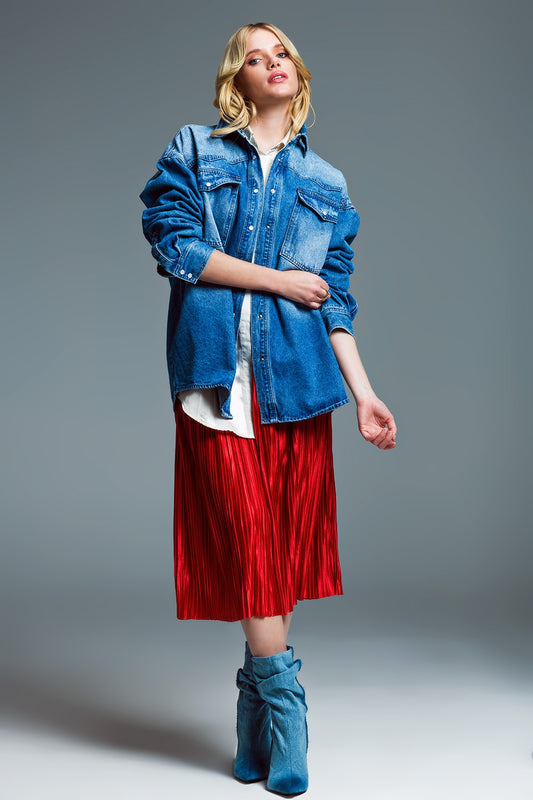 Oversized Cargo Style Denim Jacket in Medium Wash. - Jackets