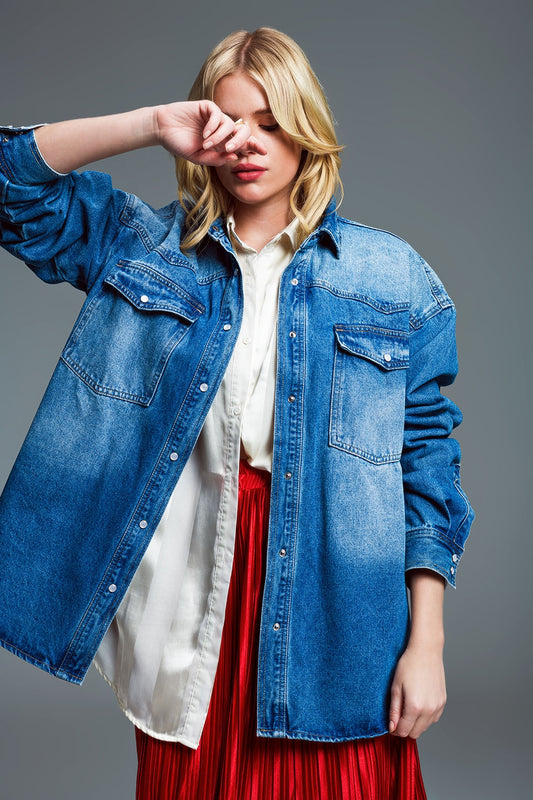Oversized Cargo Style Denim Jacket in Medium Wash. - Jackets