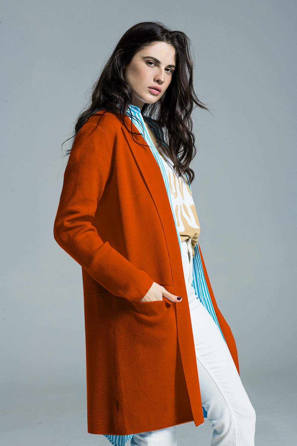 Oversized collar maxi cardigan in orange Q2 Sweaters BoutiqueLua